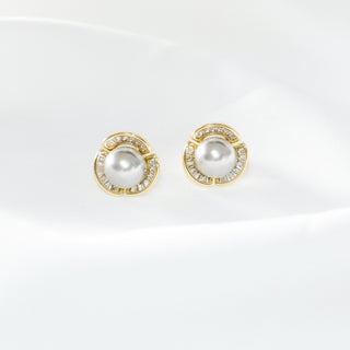 Pearl Stud Earrings with CZ Accents, S925 Silver Gold Plated