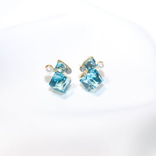 Blue Crystal Cube & Pearl Stud Earrings in Sterling Silver