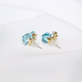 Blue Crystal Cube & Pearl Stud Earrings in Sterling Silver