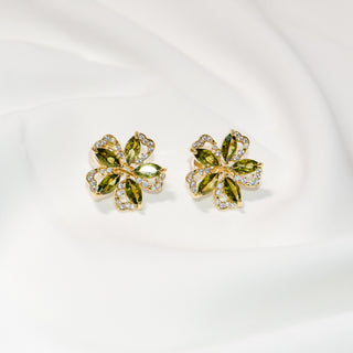 Olive Green Zircon Floral Stud & Clip-On Earrings Gold Plated Elegant Petal Jewelry
