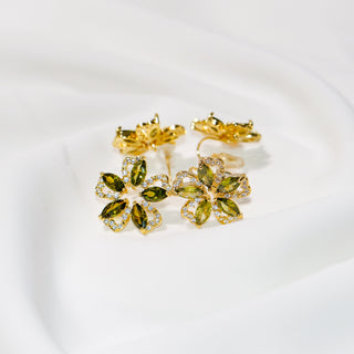 Olive Green Zircon Floral Stud & Clip-On Earrings Gold Plated Elegant Petal Jewelry