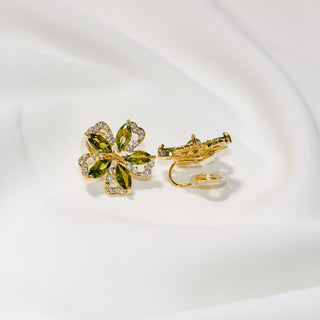 Olive Green Zircon Floral Stud & Clip-On Earrings Gold Plated Elegant Petal Jewelry