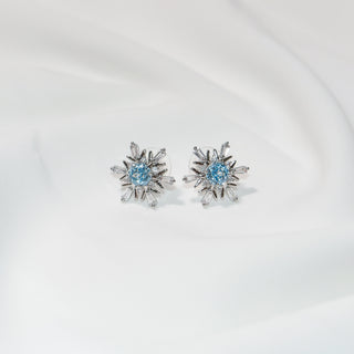 Blue Zircon Starburst Snowflake Stud Earrings Sterling Silver Post Elegant Crystal Jewelry