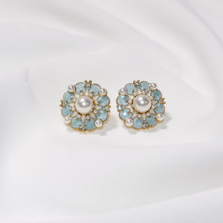 Enamel Blue Flower Pearl Stud Earrings 925 Sterling Silver Post Vintage Floral Jewelry