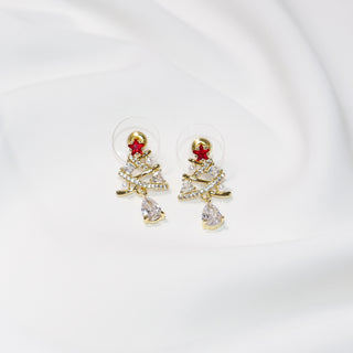 Christmas Tree Earrings Gold Red Zircon Star Dangle Stud Holiday Jewelry Gift for Women