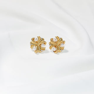 Gold Bow Knot Pearl Stud Earrings for Women, Vintage Textured Ribbon Design, Elegant Jewelry Gift