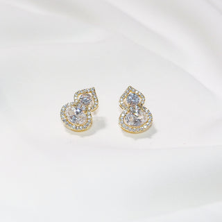 Gold Plated Cubic Zirconia Double Gourd Stud Earrings – Pave Crystal Lucky Hulu Design for Women