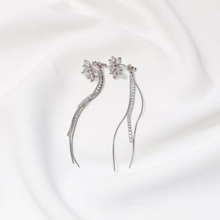 Crystal Flower Tassel Drop Earrings for Women, Elegant Rhinestone Long Chain Dangle Earrings, Bridal Wedding Jewelry Gift