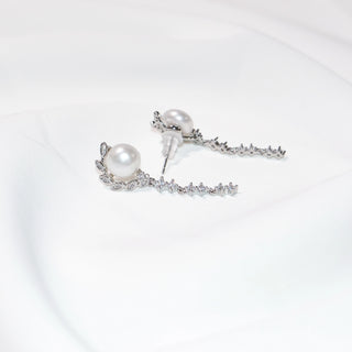 Freshwater Pearl Tassel Earrings 925 Sterling Silver CZ Leaf Drop Bridal Jewelry