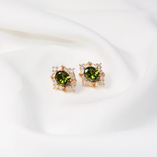 Olive Green Crystal Halo Stud Earrings, Gold Tone