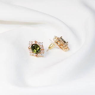 Olive Green Crystal Halo Stud Earrings, Gold Tone