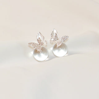 Mother-of-Pearl Pavé Butterfly Stud Earrings with Clear Orbs