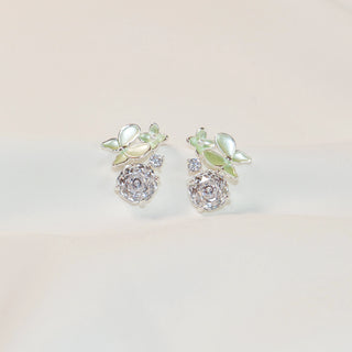 Green Enamel Butterfly & Floral Cubic Zirconia Stud Earrings