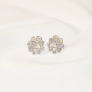 Ivory Enamel Crystal Floral Stud Earrings with Silver Posts