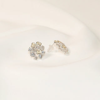 Ivory Enamel Crystal Floral Stud Earrings with Silver Posts