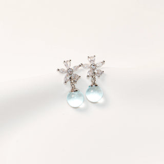 Ice Blue Dewdrop Cubic Zirconia Flower Stud Earrings