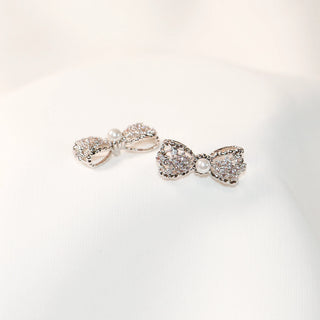 Silver-Tone Lace Bow Pearl & Crystal Stud Earrings