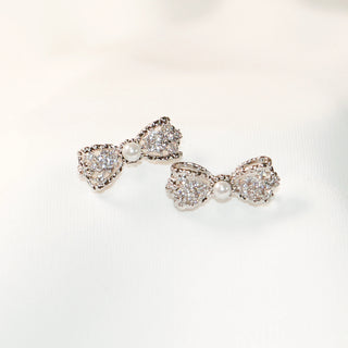 Silver-Tone Lace Bow Pearl & Crystal Stud Earrings
