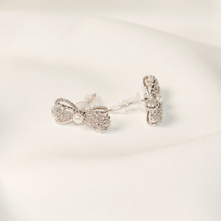 Silver-Tone Lace Bow Pearl & Crystal Stud Earrings