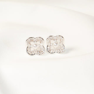 Four-Petal Faux Pearl & Micro-Pavé Cubic Zirconia Stud Earrings