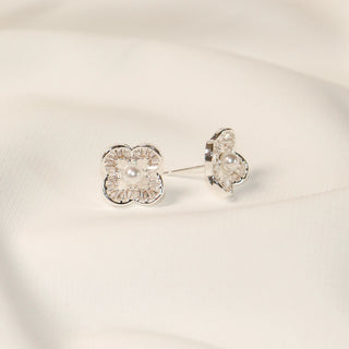 Four-Petal Faux Pearl & Micro-Pavé Cubic Zirconia Stud Earrings