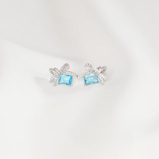 Island Blue Crystal Bow Silver Post Stud Earrings