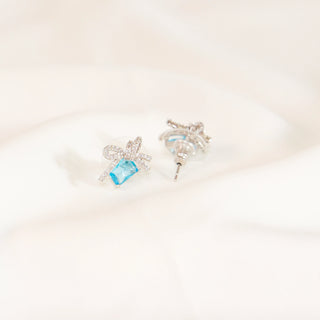 Island Blue Crystal Bow Silver Post Stud Earrings