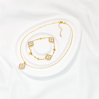 Gold-Plated Clover Mother of Pearl Necklace & Bracelet Set