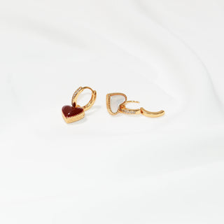 Double-Sided Red & White Shell Heart Necklace or Earrings with CZ, Gold Tone