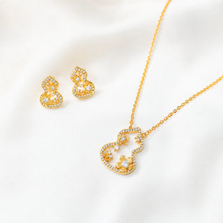 Gold-Plated CZ Floral Gourd Necklace & Stud Earrings Set