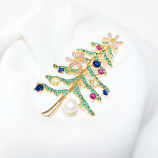 Gold Plated Christmas Tree Brooch with Freshwater Pearl & CZ Stones