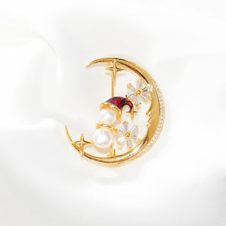Gold Plated Moon & Snowflake Brooch with Freshwater Pearls