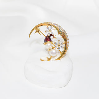 Gold Plated Moon & Snowflake Brooch with Freshwater Pearls
