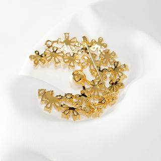 Golden Moon Flower Brooch with Freshwater Pearl & CZ Stones