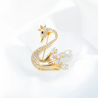 Gold Swan Brooch with Pearls & Crystals– 18K Gold Plated