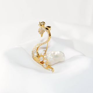 Gold Swan Brooch with Pearls & Crystals– 18K Gold Plated