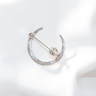 Moon Brooch with Pearl & Zircon – Vintage Silver Pin