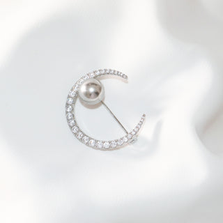 Moon Brooch with Pearl & Zircon – Vintage Silver Pin