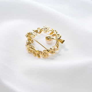 Freshwater Pearl Floral Wreath Brooch with CZ, Gold Tone Pin