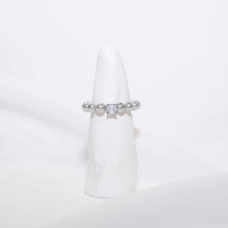 Freshwater Pearl with Cubic Zirconia Center Stretch Ring – White & Grey