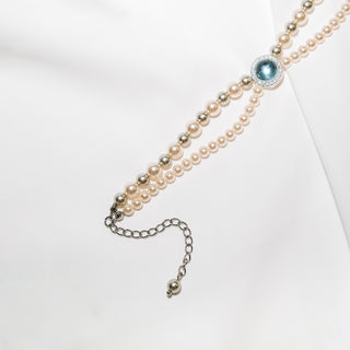 Double Strand Pearl Bracelet with Blue Topaz & CZ Accents
