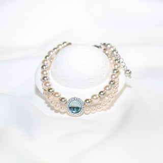 Double Strand Pearl Bracelet with Blue Topaz & CZ Accents