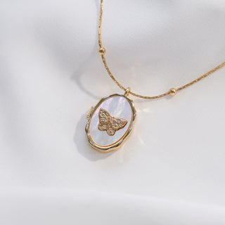 Gold Butterfly Locket Necklace  | Mother of Pearl Pendant with Photo Insert