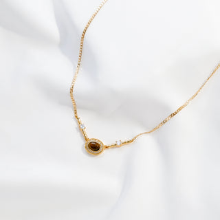 Golden Tiger Eye Pendant Necklace with Cubic Zirconia & Adjustable Chain