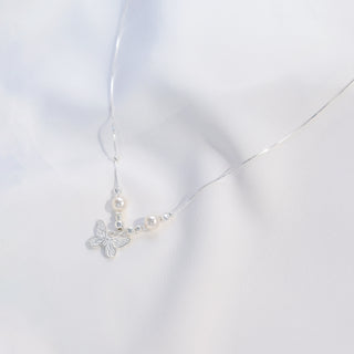 S925 Sterling Silver Butterfly Necklace with Pearls & Chain