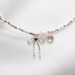 Sterling Silver Pearl & Pink CZ Bow Necklace & Bracelet Set