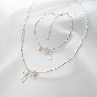 Sterling Silver Pearl & Pink CZ Bow Necklace & Bracelet Set