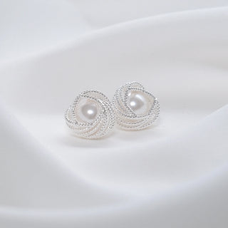Pearl & Silver Wire Wrap Stud Earrings– 925 Sterling Silver