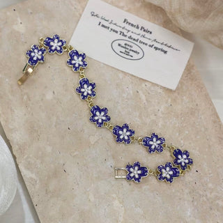 Vintage Blue Enamel Floral Link Bracelet – Gold Tone