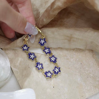 Vintage Blue Enamel Floral Link Bracelet – Gold Tone